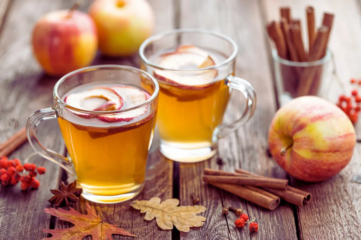 "Freshly poured apple cider in a glass with apples and cinnamon sticks, showcasing a cozy autumn vibe."