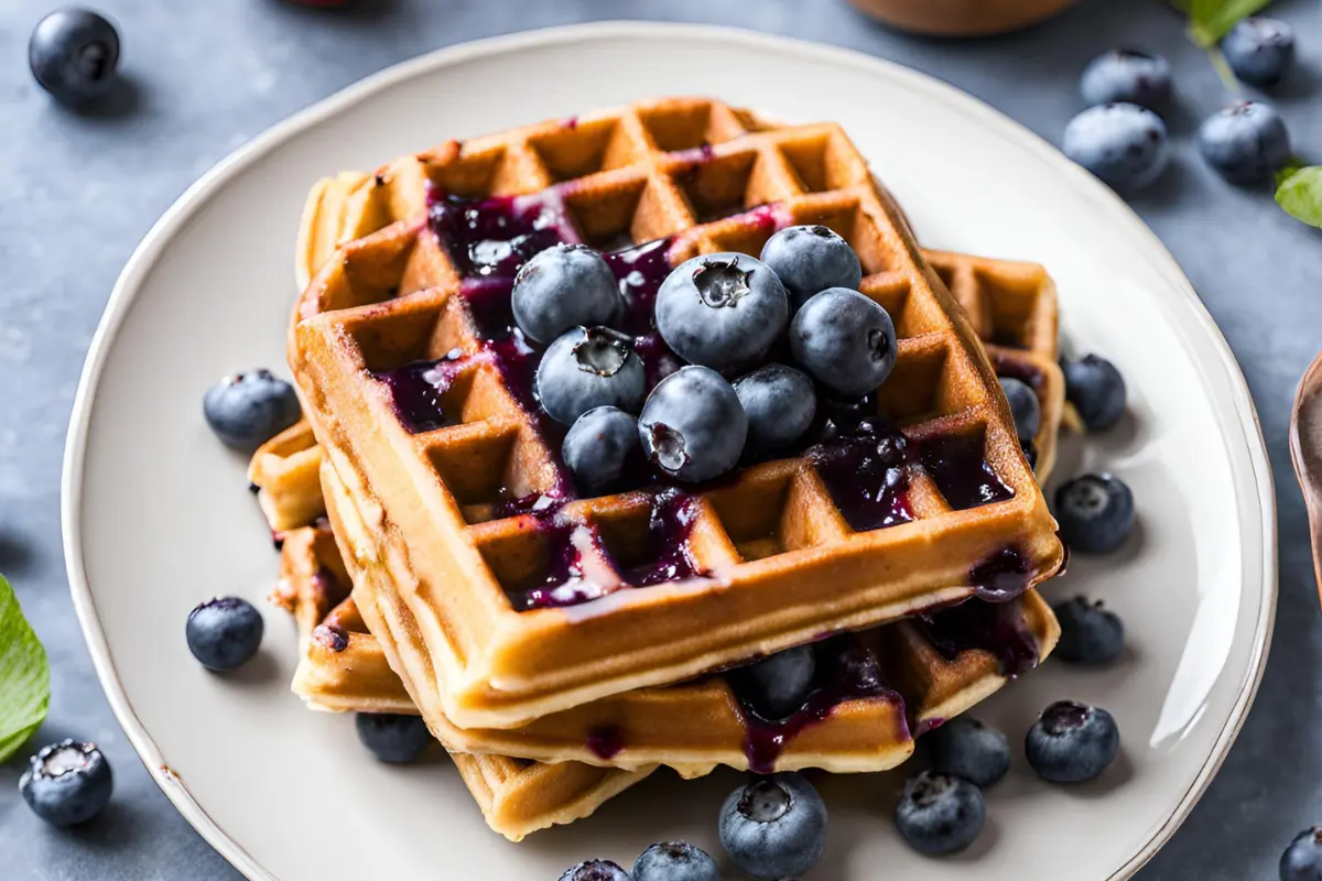 Fluffy blueberry waffles topped with fresh berries and syrup.