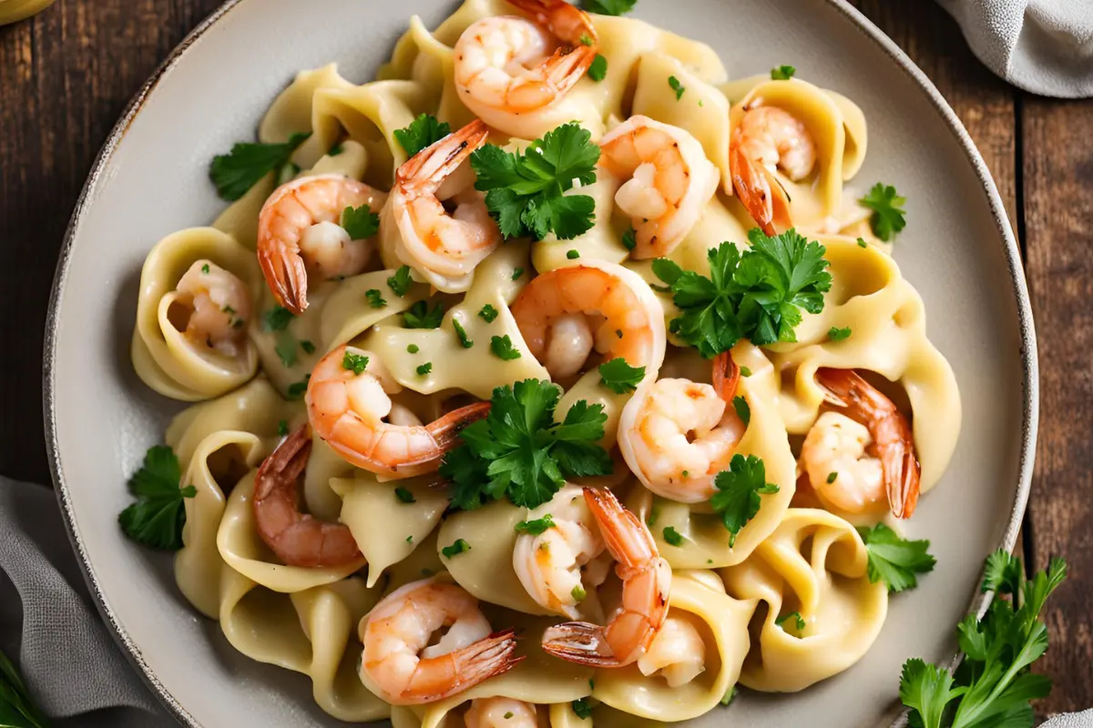 Delicious shrimp tortellini served with a creamy sauce and fresh herbs.