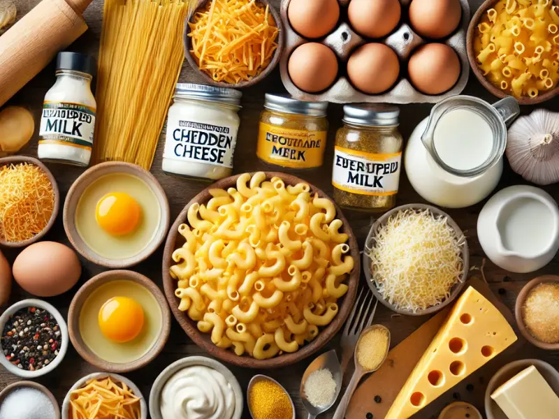 Flat lay of ingredients , including elbow macaroni, cheddar, gouda, evaporated milk, eggs, and seasonings.