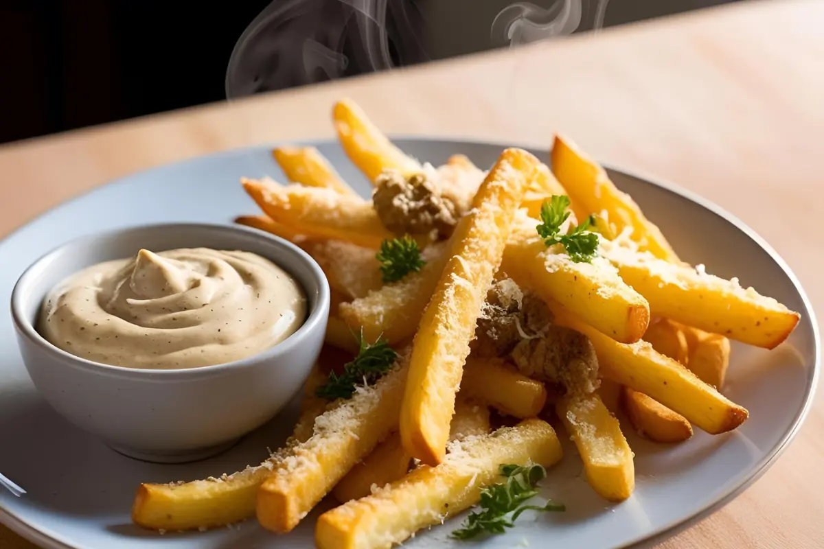 Crispy Parmesan truffle fries on a plate.