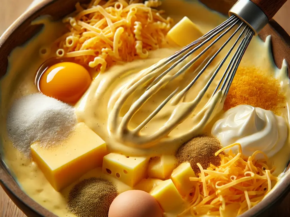 Whisking a creamy cheese sauce with cheddar, gouda, and evaporated milk for making cheese sauce mixing.