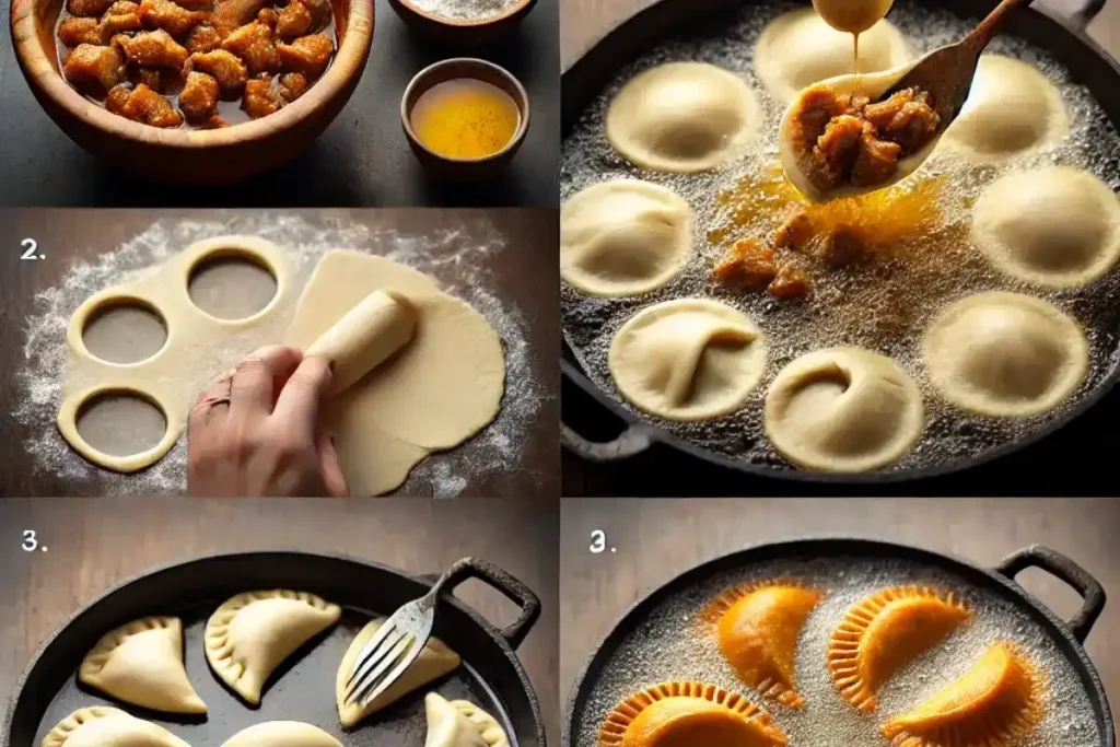 Step-by-step images showing the process of making Haitian Pate, from dough preparation to frying.