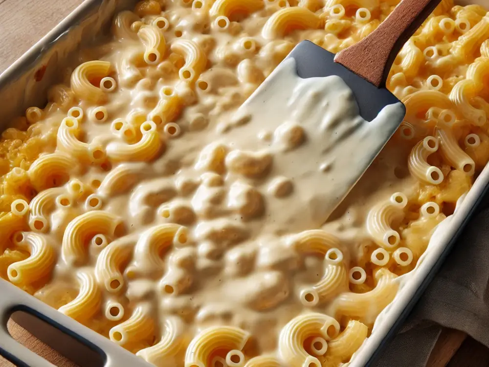 Mixing cooked macaroni with cheese sauce in a baking dish, spreading it evenly before baking.