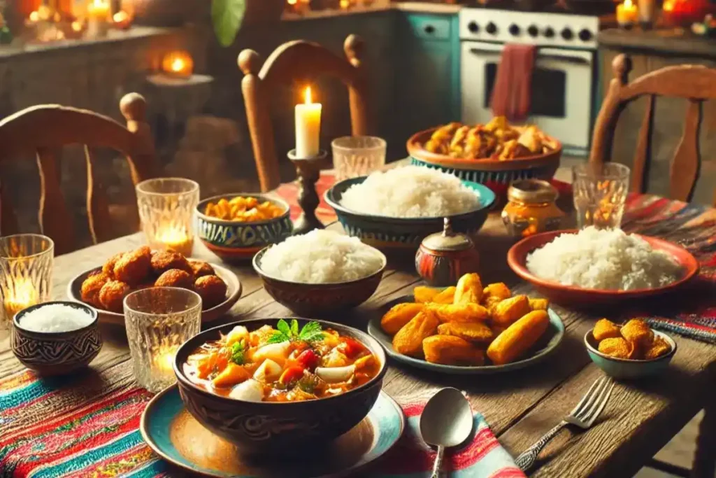 A cozy table set with a Lalo Food Recipe meal, white rice, and fried plantains.