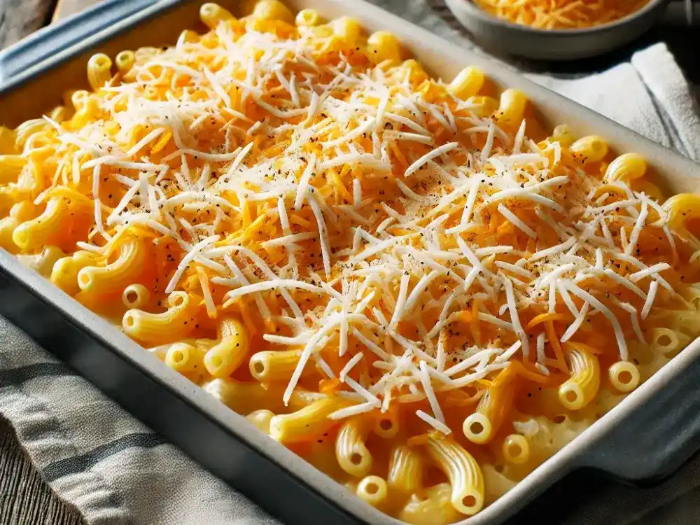 Unbaked Haitian Macaroni and Cheese in a baking dish, topped with extra shredded cheese, ready for the oven.