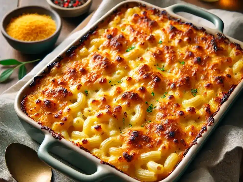 Freshly baked Mac & Cheese with a golden, crispy cheese topping, straight from the oven.