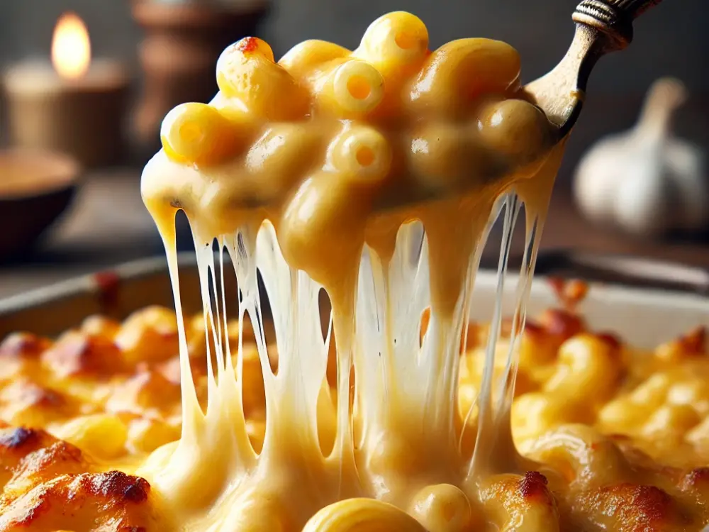 A creamy, cheesy scoop of Macaroni being lifted from the baking dish.