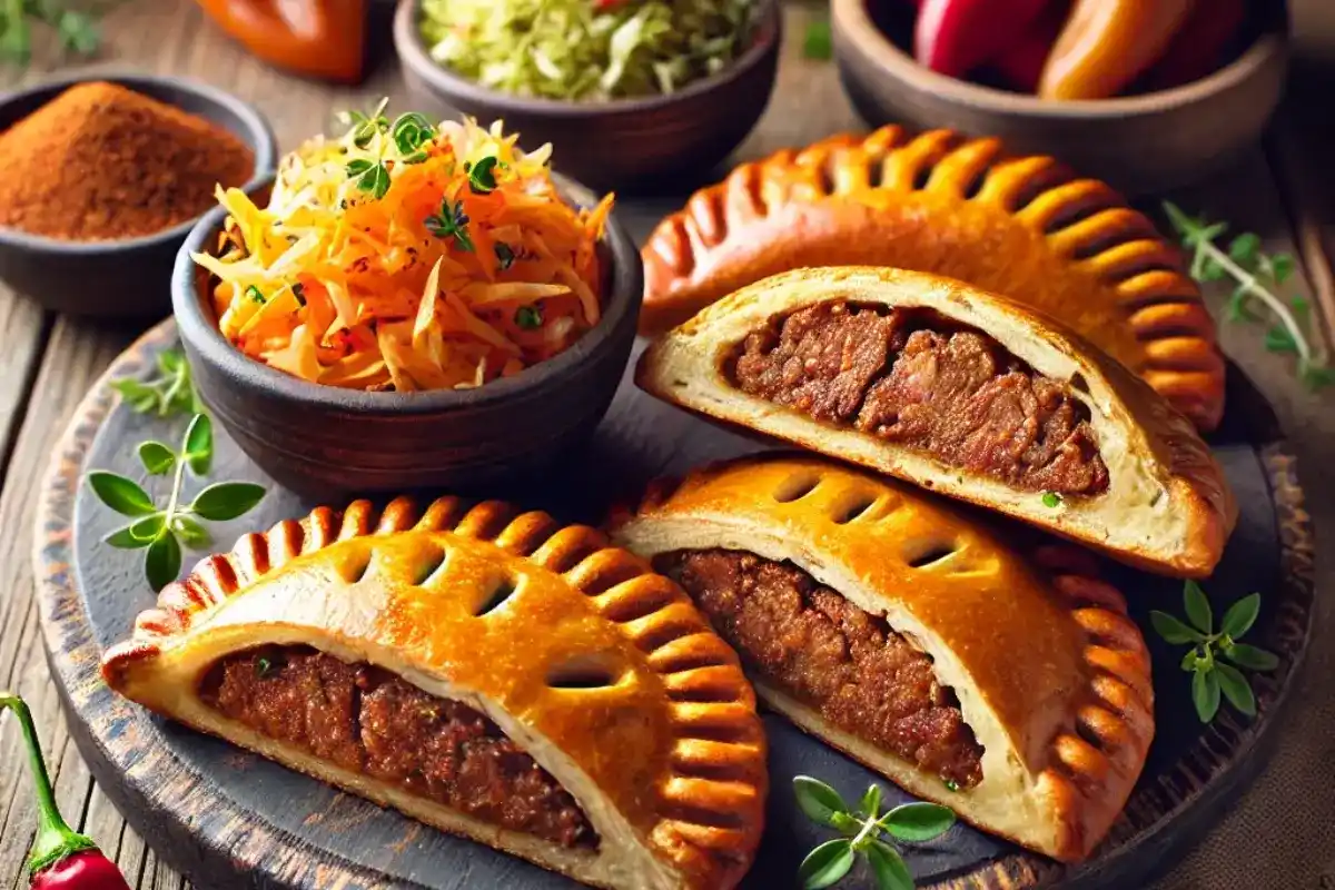 A final presentation of crispy, golden Haitian Pate served with a side of pikliz.