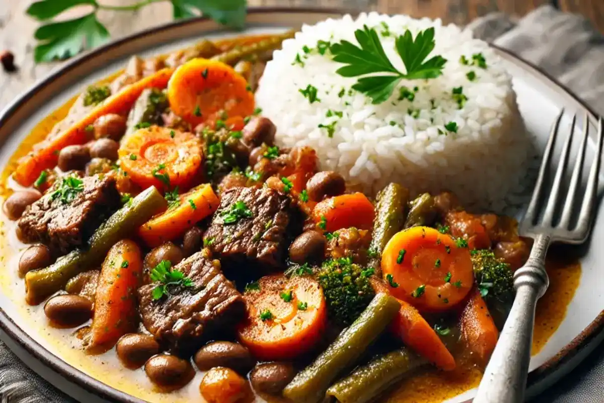 Haitian Legume with beef, mashed vegetables, and carrots, served with white rice on a rustic plate.