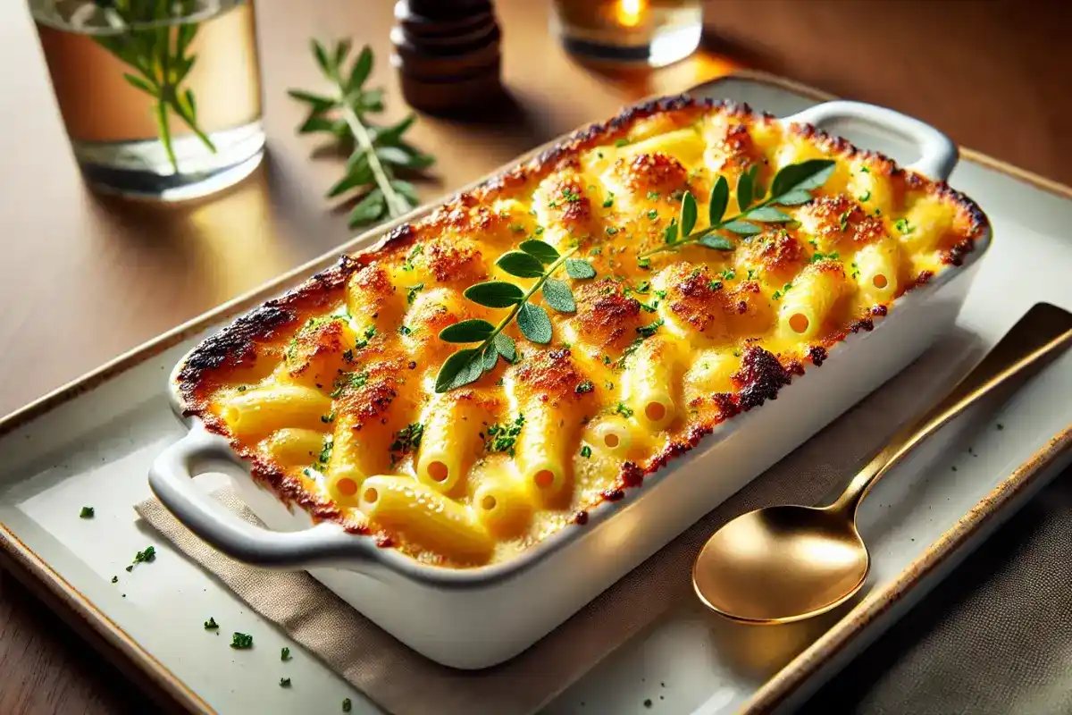 Haitian Macaroni and Cheese in a long white dish with a golden, crispy top, garnished with fresh herbs.