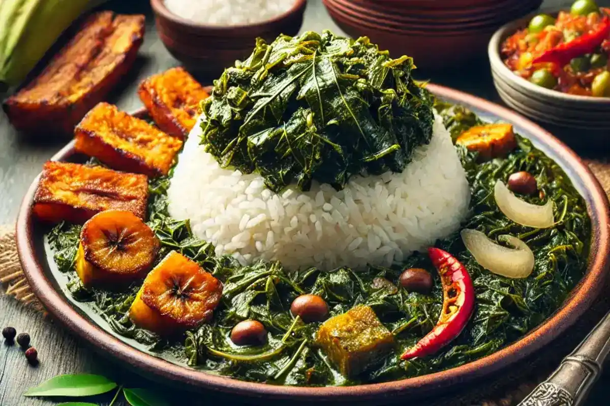 A beautifully plated bowl of Lalo Haitian Food Recipe served with white rice and garnished with fresh herbs.